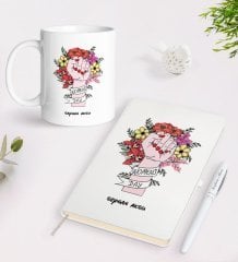 Kişiye Özel Kadınlar Günü Tasarımlı Beyaz Defter Kalem ve Kupa Seti-20