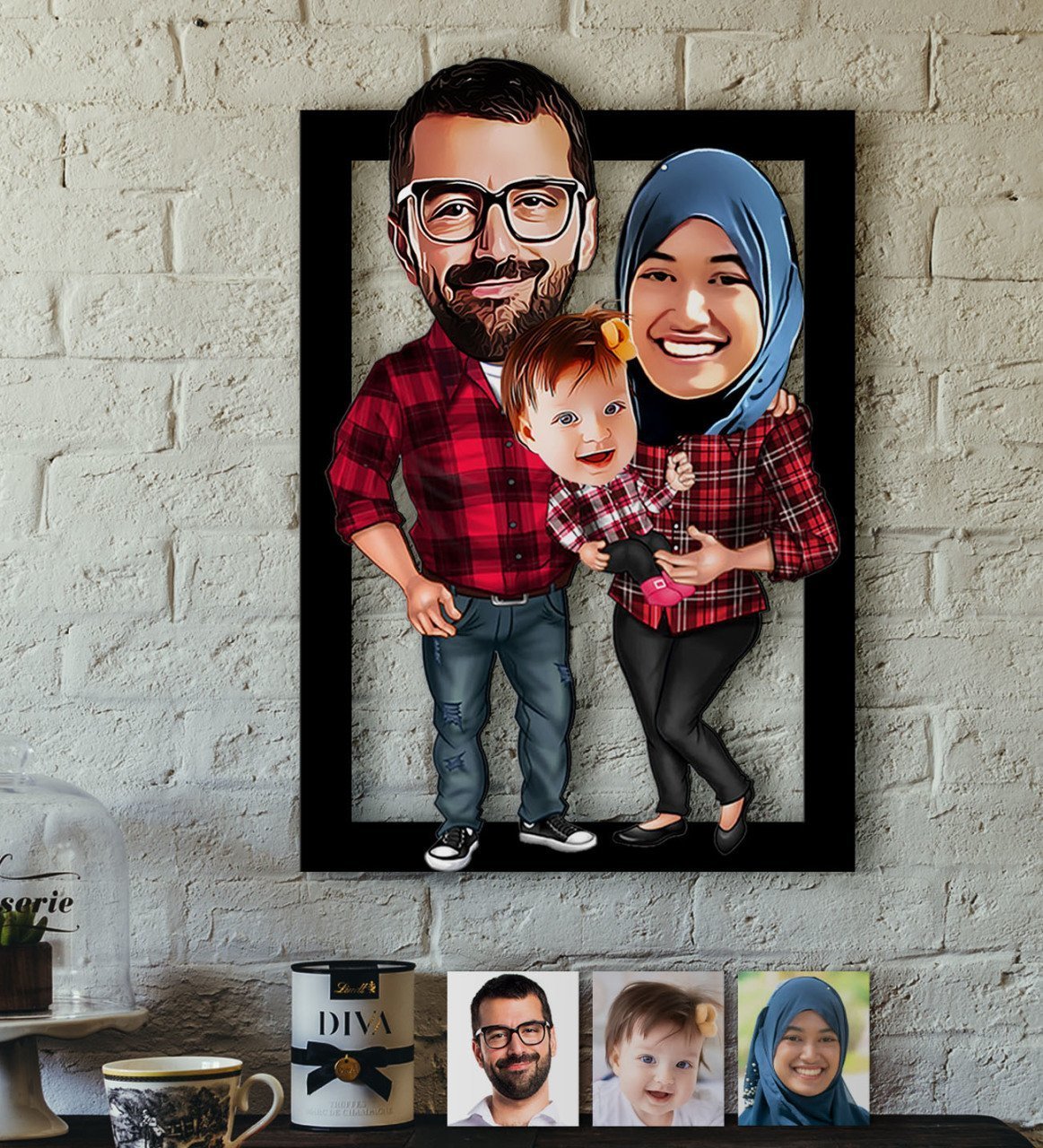Kişiye Özel Tesettürlü Aile Karikatürlü 3D Ahşap Tablo-2