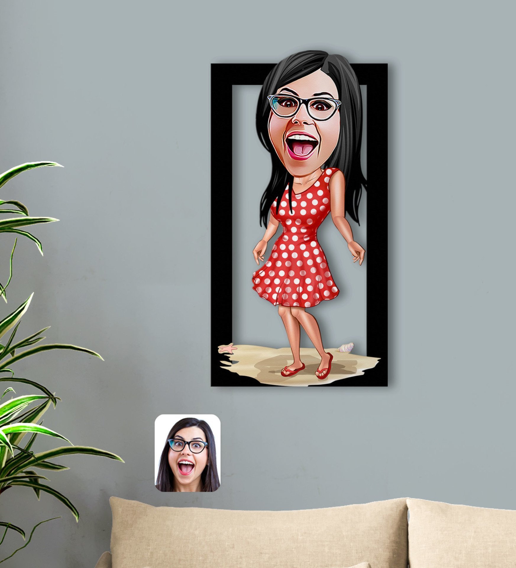 BK Gift Kişiye Özel Tatilci Kadın Karikatürlü 3D Ahşap Tablo-4