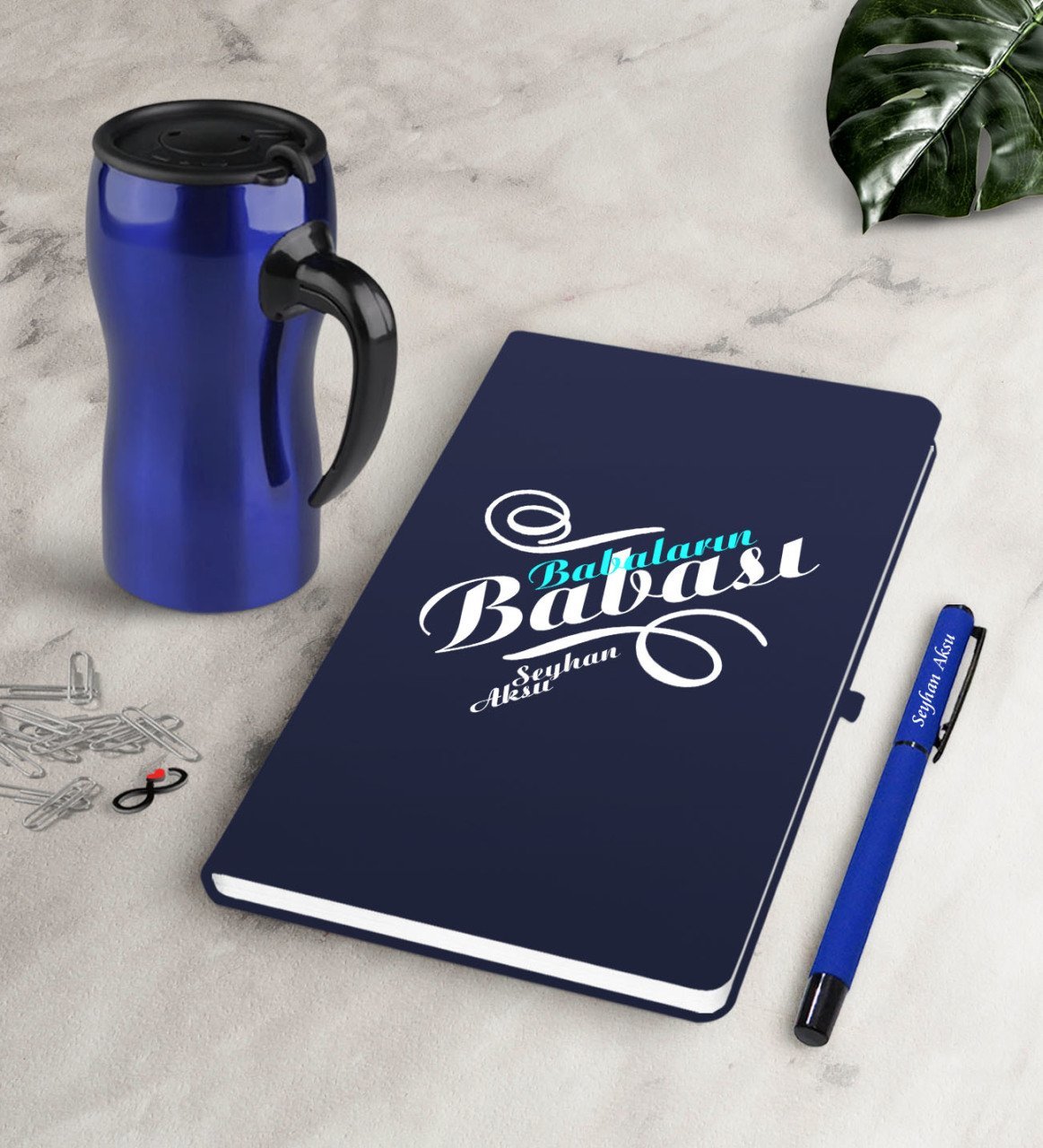 Kişiye Özel Babaların Babası Lacivert Defter Kalem Termos Mug Seti-1