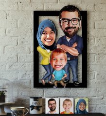 Kişiye Özel Tesettürlü Aile Karikatürlü 3D Ahşap Tablo-1