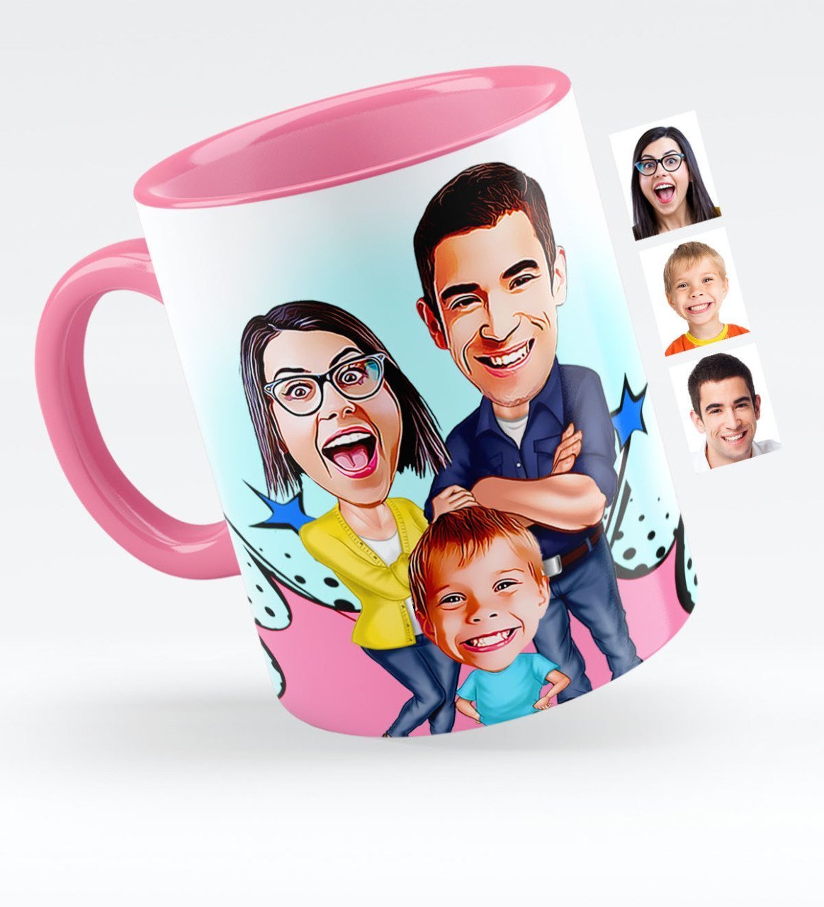 Kişiye Özel Aile Karikatürlü Pembe Kupa Bardak - 1