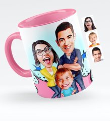 Kişiye Özel Aile Karikatürlü Pembe Kupa Bardak - 1