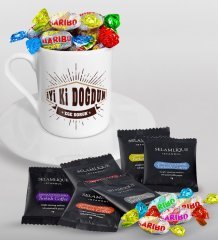 Kişiye Özel İyi Ki Doğdun Türk Kahvesi Fincanı Selamlique Karışık Türk Kahvesi ve Haribo Şeker Hediye Seti-3