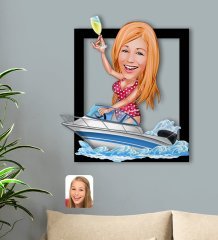 BK Gift Kişiye Özel Tatilci Kadın Karikatürlü 3D Ahşap Tablo-3