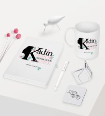 Kişiye Özel Kadınlar Günü Temalı Beyaz Defter Kalem Kupa Ayna Seti - 6