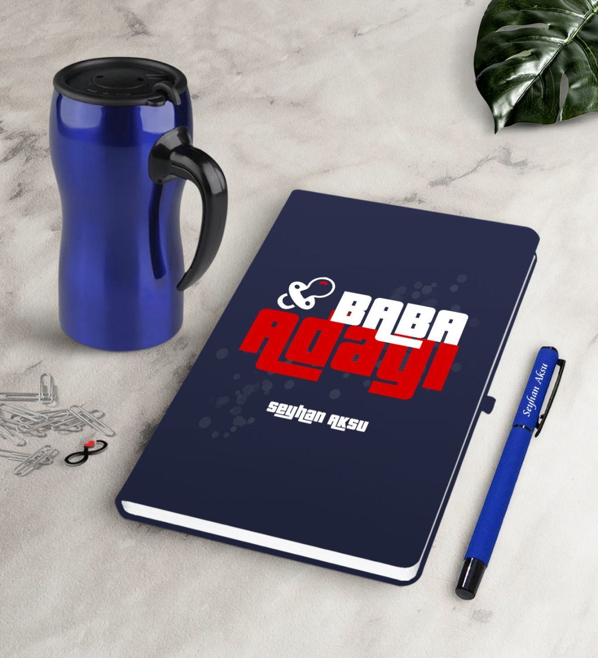 Kişiye Özel Baba Adayı Lacivert Defter Kalem Termos Mug Seti-3