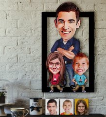 Kişiye Özel Baba Kız Oğul Karikatürlü 3D Ahşap Tablo-1