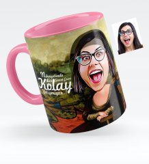 Kişiye Özel Mona Lisa Karikatürlü Pembe Kupa Bardak - 1