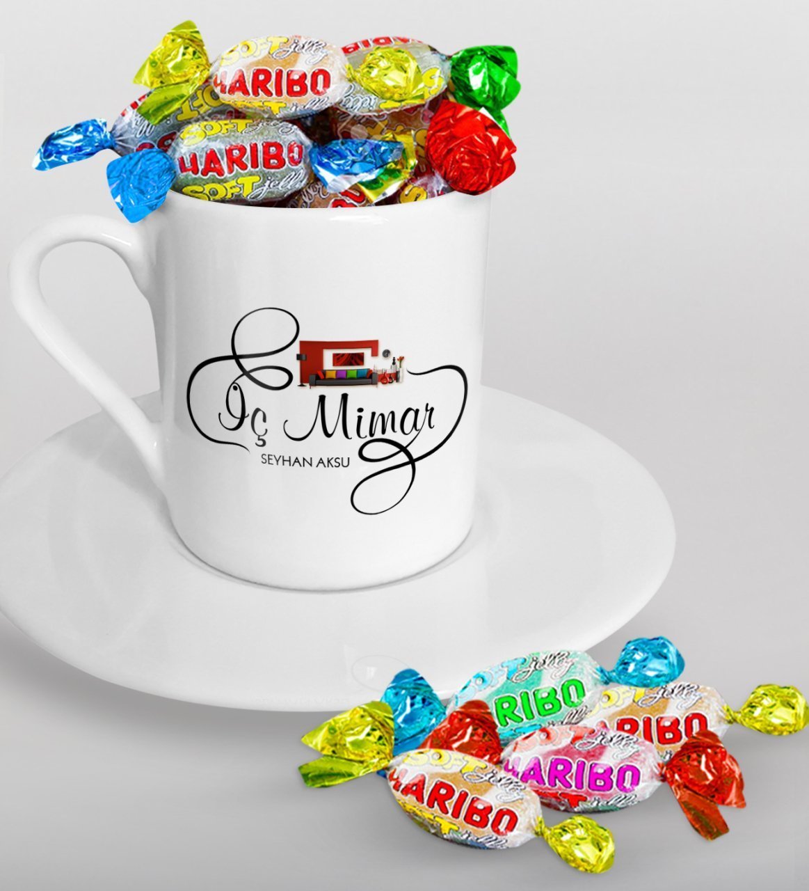 Kişiye Özel İç Mimar Türk Kahvesi Fincanı ve Haribo Şeker Hediye Seti-2