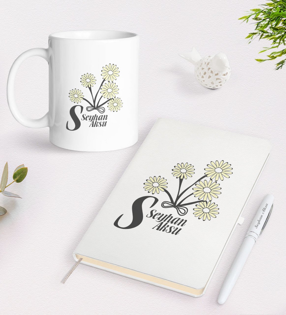 Kişiye Özel Kadınlar Günü Tasarımlı Beyaz Defter Kalem ve Kupa Seti-15