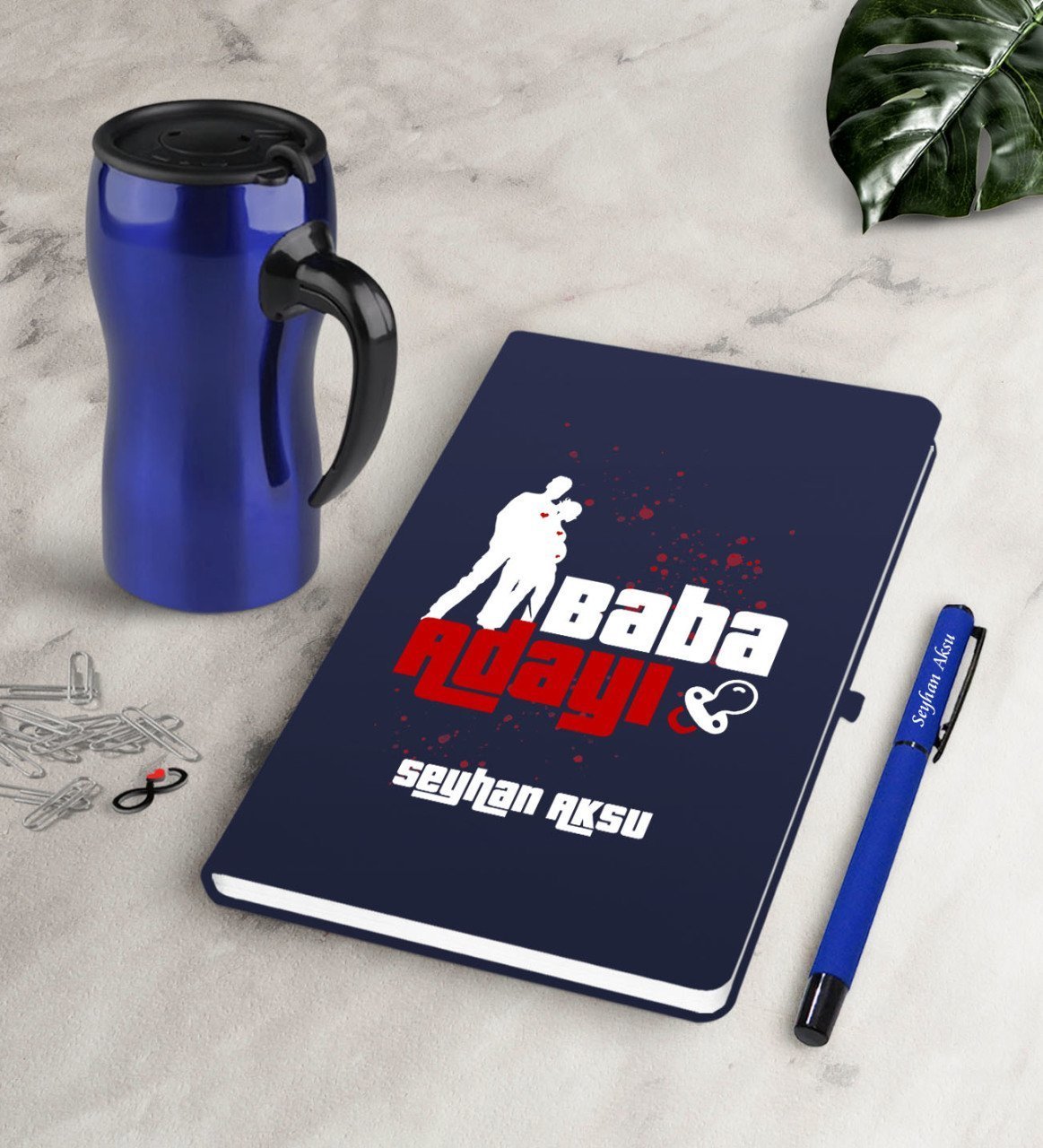Kişiye Özel  Baba Adayı Lacivert Defter Kalem Termos Mug Seti-1