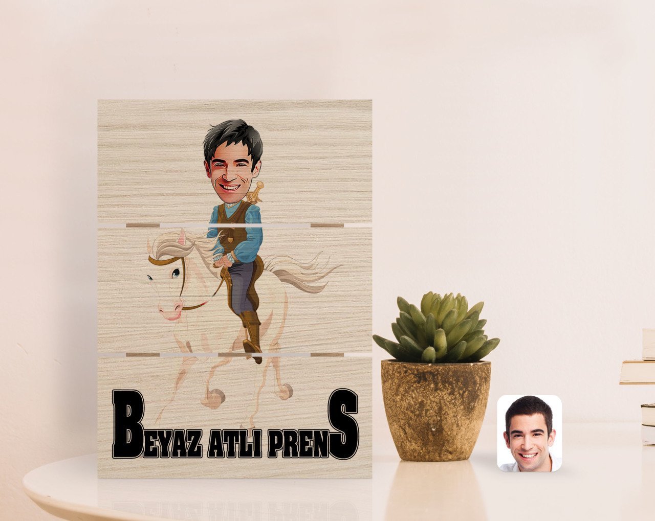 Kişiye Özel Beyaz Atlı Prens Karikatürlü Otantik Masaüstü Ahşap Palet Çerçeve-3