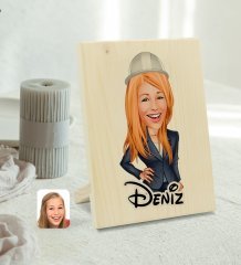 Kişiye Özel İsimli Kadın Mühendis Karikatürlü Dekoratif Ahşap Çerçeve Model 1
