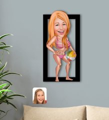 BK Gift Kişiye Özel Tatilci Kadın Karikatürlü 3D Ahşap Tablo-1