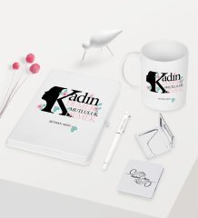 Kişiye Özel Kadınlar Günü Temalı Beyaz Defter Kalem Kupa Ayna Seti - 4