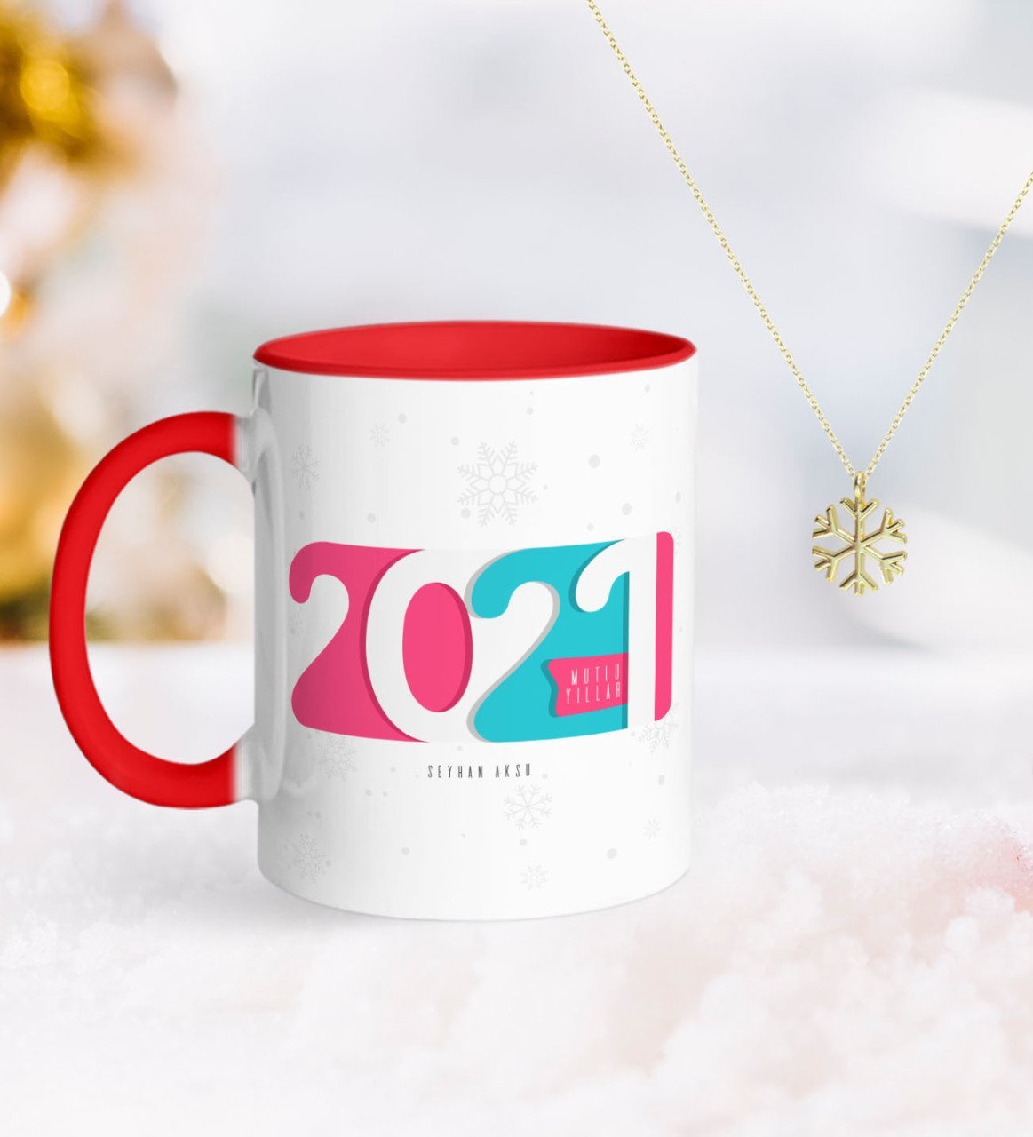 BK Gift Kişiye Özel 2023 Mutlu Yıllar Kırmızı Kupa ve Kar Tanesi Kolye-6