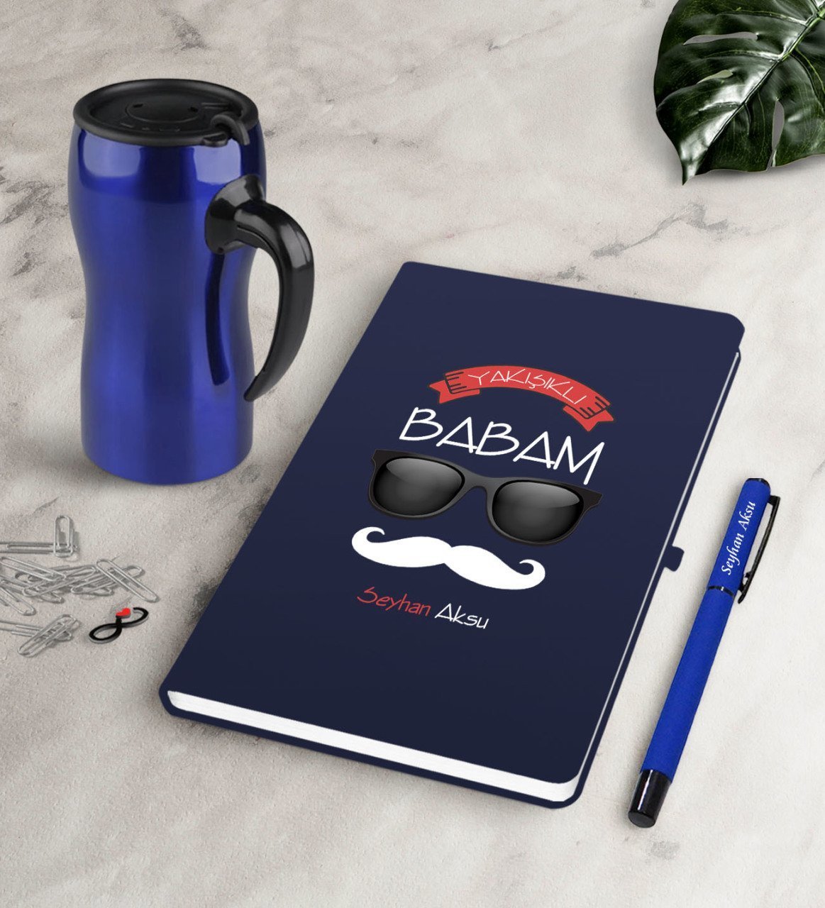 Kişiye Özel Yakışıklı Babam Lacivert Defter Kalem Termos Mug Seti-5