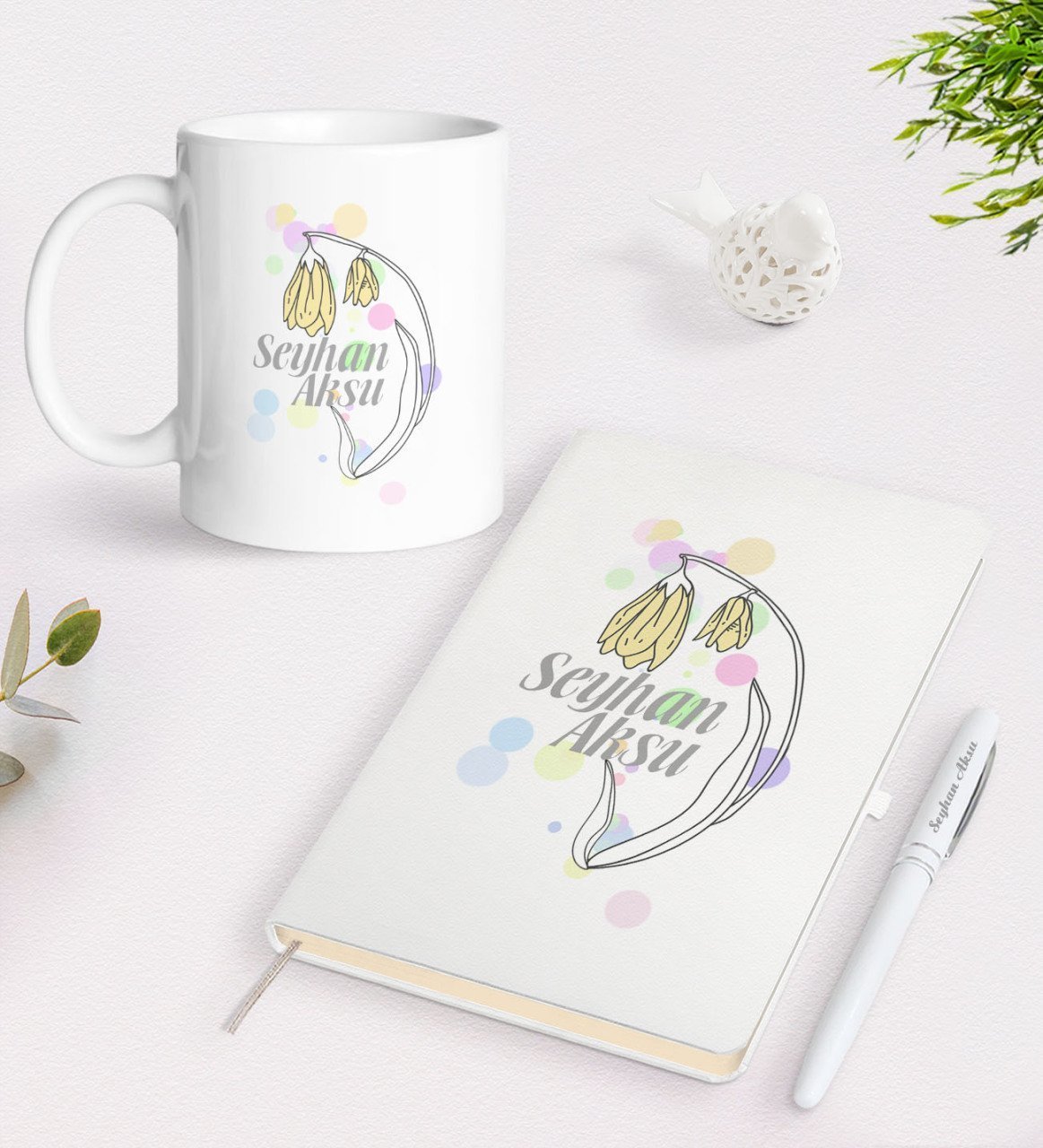 Kişiye Özel Kadınlar Günü Tasarımlı Beyaz Defter Kalem ve Kupa Seti-13