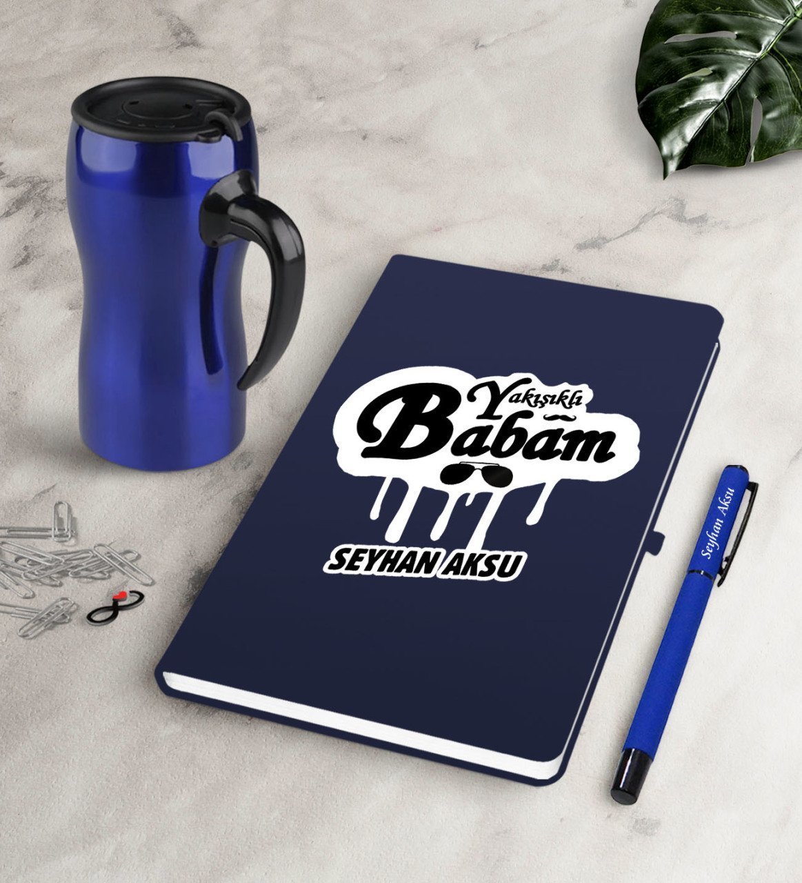 Kişiye Özel Yakışıklı Babam Lacivert Defter Kalem Termos Mug Seti-2