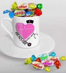 Kişiye Özel Hemşire Türk Kahvesi Fincanı ve Haribo Şeker Hediye Seti-6