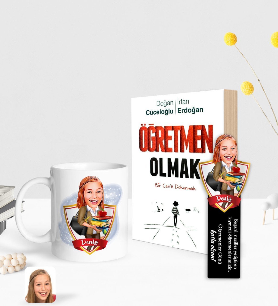 Kişiye Özel Kadın Öğretmen Karikatürlü Beyaz Kupa Ahşap Kitap Ayracı ve Öğretmen Olmak Kitabı Hediye Seti-4