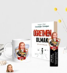 Kişiye Özel Kadın Öğretmen Karikatürlü Beyaz Kupa Ahşap Kitap Ayracı ve Öğretmen Olmak Kitabı Hediye Seti-4
