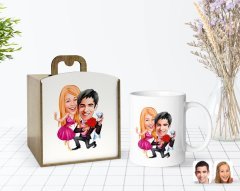Kişiye Özel Ahşap Kutuda Sevgililer Karikatürlü Beyaz Kupa Bardak-9