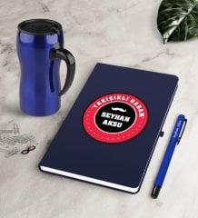 Kişiye Özel Yakışıklı Babam Lacivert Defter Kalem Termos Mug Seti-1