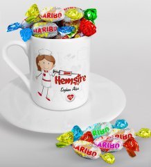 Kişiye Özel Hemşire Türk Kahvesi Fincanı ve Haribo Şeker Hediye Seti-5