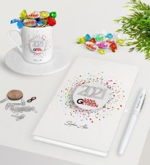 BK Gift Kişiye Özel 2023 Sana Mutluluk Getirsin Beyaz Defter Kalem Türk Kahvesi Fincanı ve Haribo Şeker Hediye Seti-1