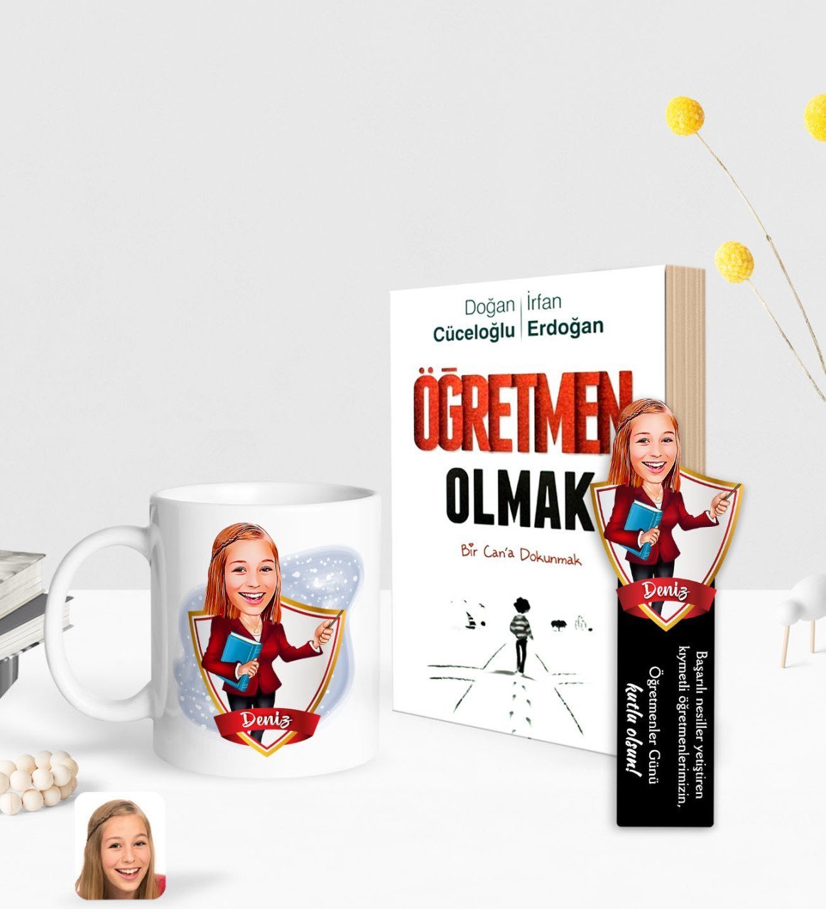 Kişiye Özel Kadın Öğretmen Karikatürlü Beyaz Kupa Ahşap Kitap Ayracı ve Öğretmen Olmak Kitabı Hediye Seti-3