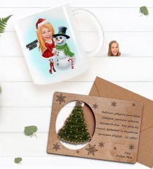 Kişiye Özel Happy New Year Kupa Bardak ve Retro Ahşap Yılbaşı Tebrik Kartı Hediye Seti-9A