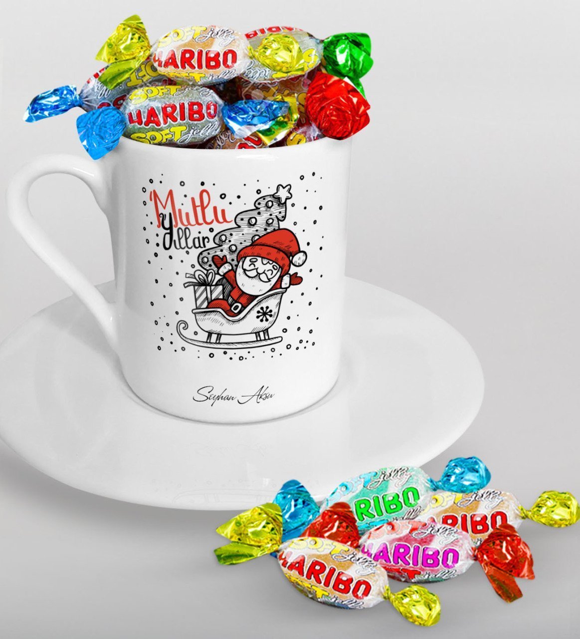 Kişiye Özel Noel Baba Türk Kahvesi Fincanı ve Haribo Şeker Hediye Seti-5