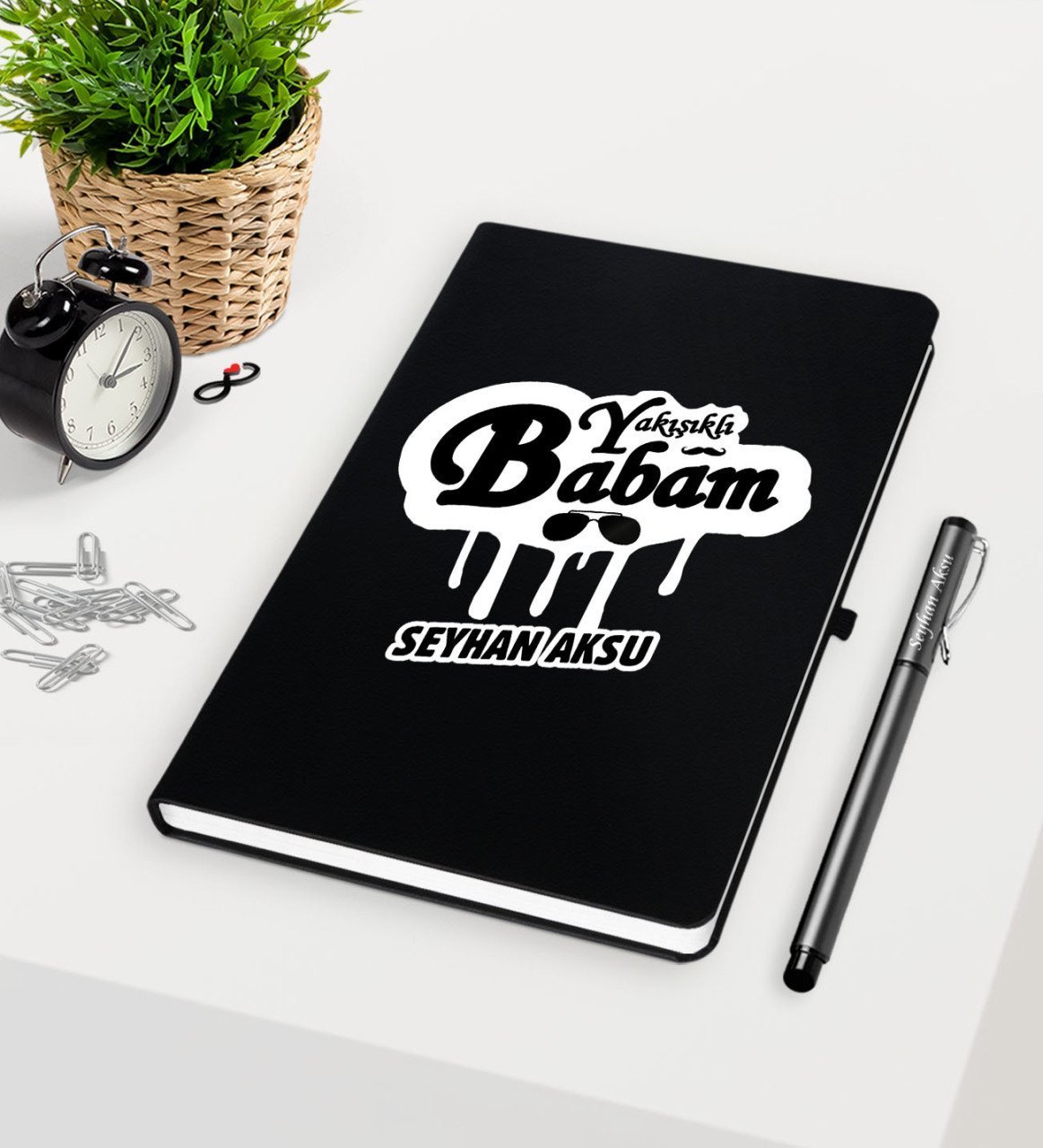 Kişiye Özel Yakışıklı Babam Siyah Defter Kalem Seti-2