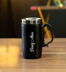 Kişiye Özel Kulplu Çelik Termos Bardak 240 Ml - Siyah