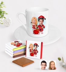 Kişiye Özel Yeni Yıl Sevgililer Karikatürlü Türk Kahvesi Fincanı ve Çikolata Hediye Seti-5