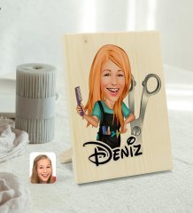 Kişiye Özel İsimli Kadın Kuaför Karikatürlü Dekoratif Ahşap Çerçeve Model 1