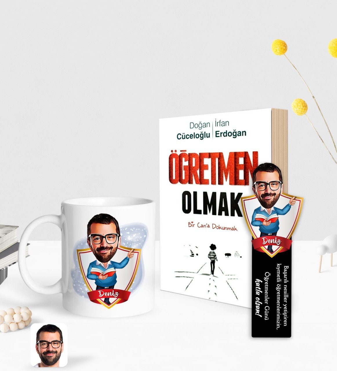 Kişiye Özel Erkek Öğretmen Karikatürlü Beyaz Kupa Ahşap Kitap Ayracı ve Öğretmen Olmak Kitabı Hediye Seti-2