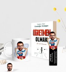 Kişiye Özel Erkek Öğretmen Karikatürlü Beyaz Kupa Ahşap Kitap Ayracı ve Öğretmen Olmak Kitabı Hediye Seti-2