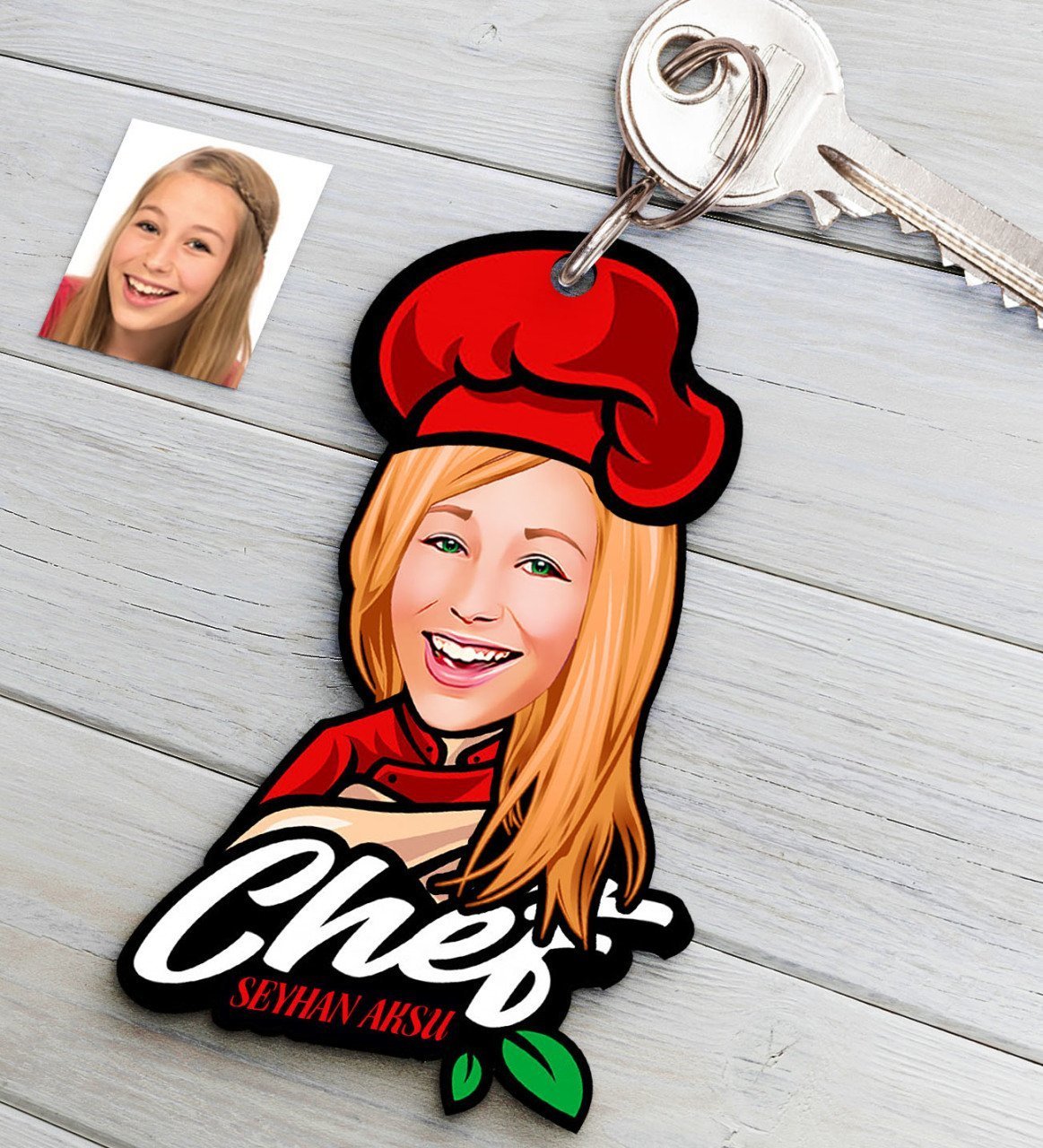 Kişiye Özel Bayan Chef Karikatürlü Ahşap Anahtarlık-10