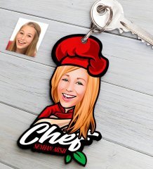 Kişiye Özel Bayan Chef Karikatürlü Ahşap Anahtarlık-10