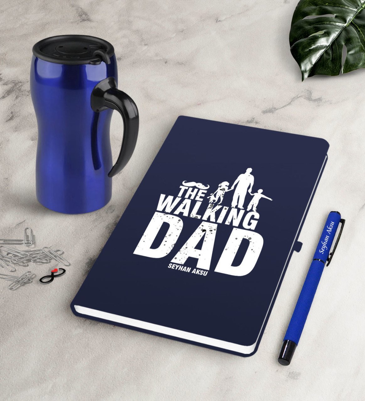 Kişiye Özel The Walking Dad Lacivert Defter Kalem Termos Mug Seti
