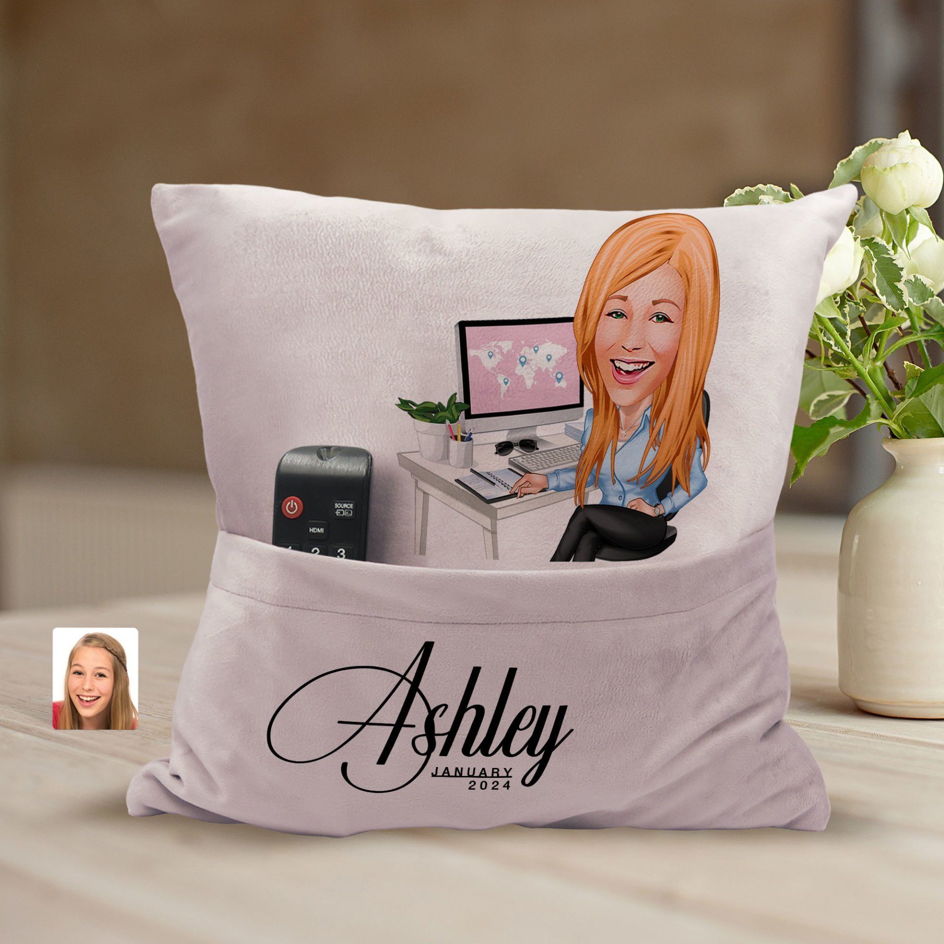 BK Gift Kişiye Özel Anne Karikatür Tasarımlı Organizer Kumanda ve Atıştırmalık Cepli Pembe Kırlent Yastık-9 Arkadaşa Hediye, Cepli Yastık