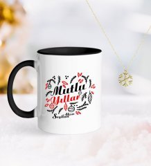 Kişiye Özel Yılbaşı Mutlu Yıllar Siyah Kupa ve Kar Tanesi Kolye-4
