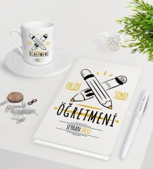 Kişiye Özel En İyi Sınıf Öğretmeni Beyaz Defter Kalem Türk Kahvesi Fincanı Seti-5