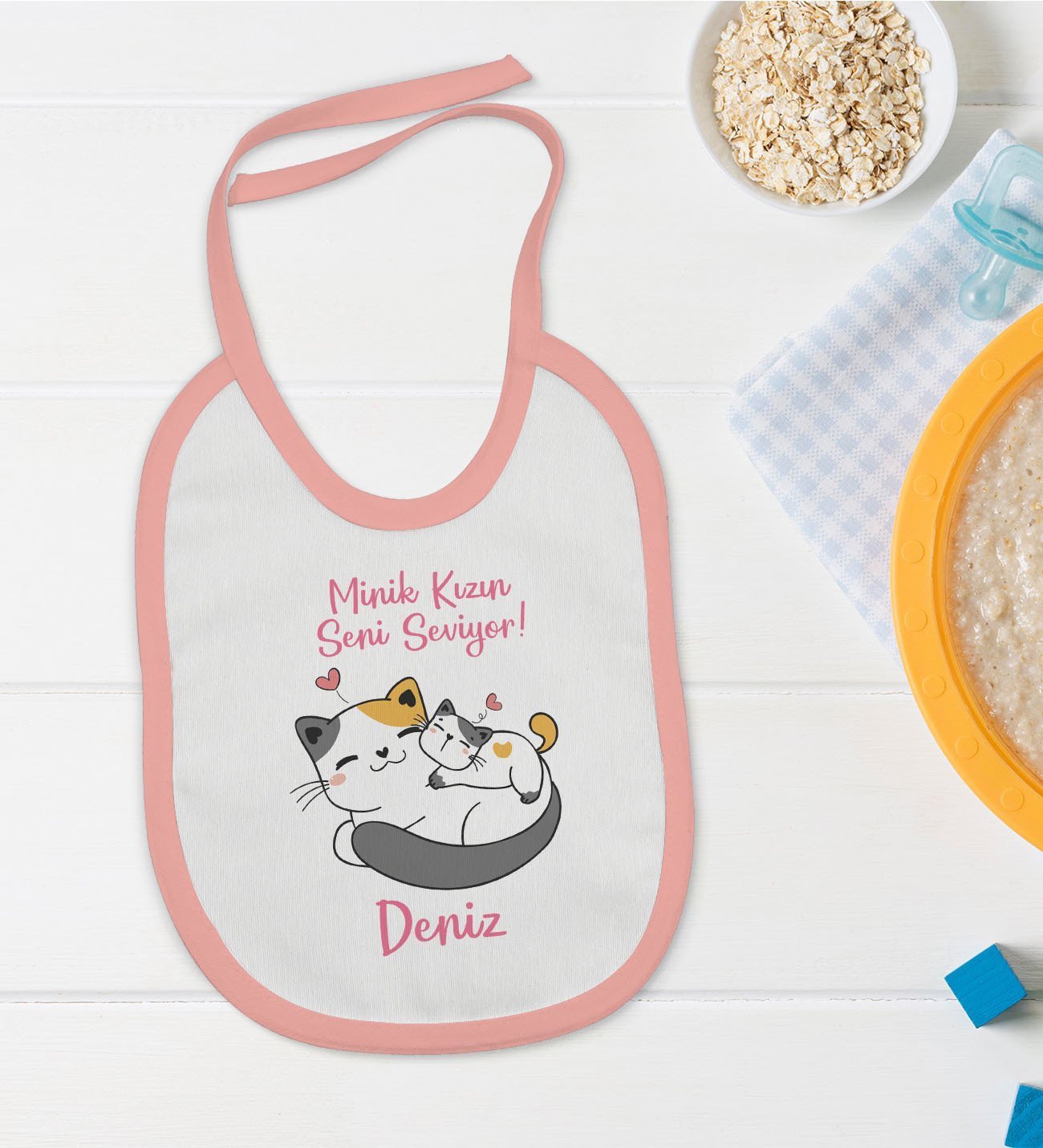 BK Kids Kişiye Özel Pembe Bebek Mama Önlüğü - Model 130