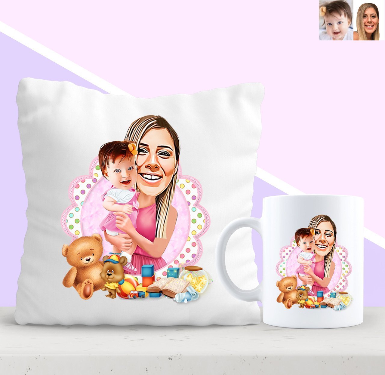 Kişiye Özel Anne ve Kız Bebek Karikatürlü Yastık ve Kupa Seti-1