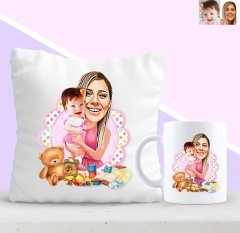Kişiye Özel Anne ve Kız Bebek Karikatürlü Yastık ve Kupa Seti-1