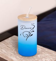 BK Gift İsimli Mavi Renk Pipetli Buzlu Cam Bardak 600ml - 6, Arkadaşa Hediye, Doğum Günü Hediyesi